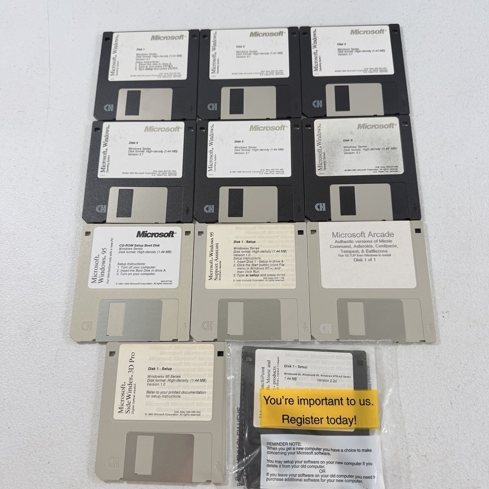 Microsoft Windows 3.1 95 Operating System Arcade Sidewinder 3.5" Floppy Disk Lot